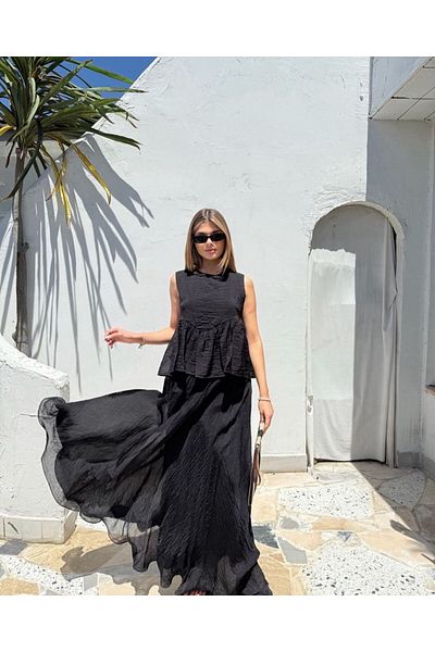 REFİŞ BUTİK VE AKSESUAR Chiffon Black Sleeveless Bluz Long Skirt Set