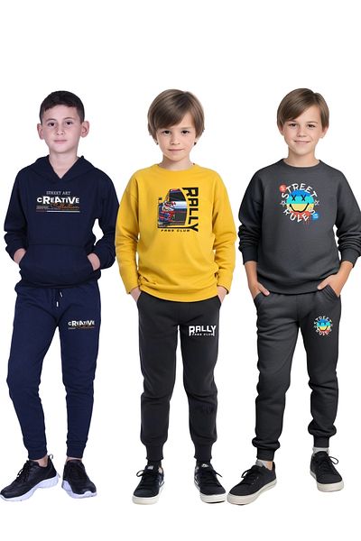 FYK KİDS 3-Piece Boy's Printed Kangaroo Pocket Hooded/O-Collar Track Suit Set
