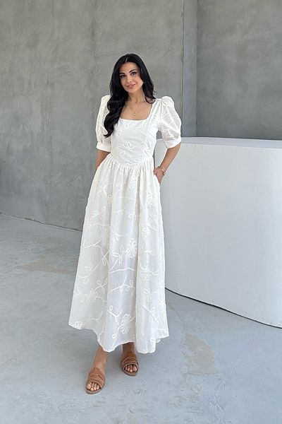 Seda Yalçın Atelier Beige Balloon Sleeve Embroidery Detailed Brode Dress