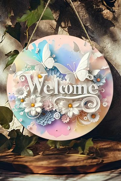 kutuTR 🌸   Colorful Flower and Butterfly Themed Mdf Door Ornament – Welcome Written 🌸 Ks009