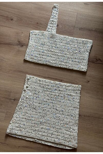 scyllastore Twinkle Handmade Sequin Detailed Asymmetrical Knitted Skirt Busti...