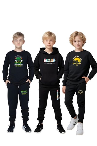 FYK KİDS 3-Piece Boy's Printed Kangaroo Pocket Hooded/O-Collar Track Suit Set