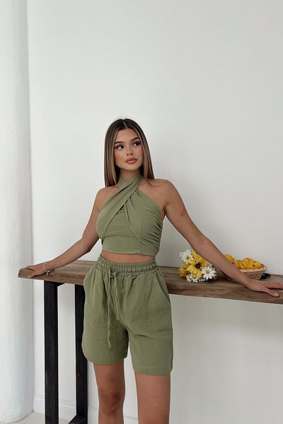 MOZENA Muslin Fabric Cross Tie Detailed Crop and Shorts Two-Piece Set
