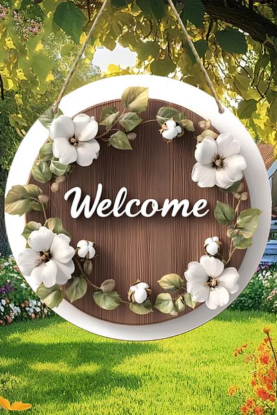 kutuTR 🪵   White Floral Welcome Written Mdf Door Ornament (20 cm) Ks008