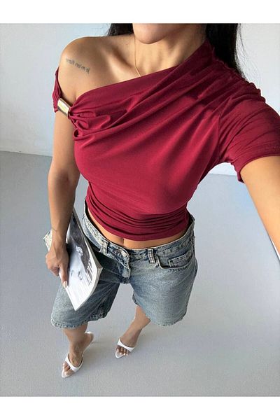 hazelin Bluză de damă Bordeaux asimetrică Drapelim Sandy cu accesorii pentru umeri HZL25S-FRY123231