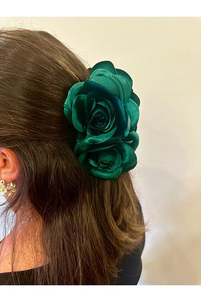 ALS Tasarım Dünyası Women's Green Color Rose Figured Peg Buckle, Hair Clip
