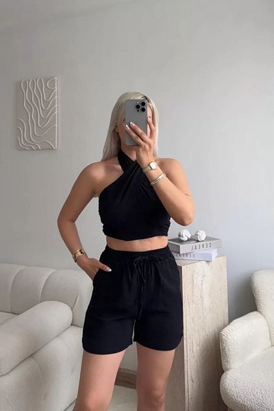MOZENA Cross Tie Detailed Crop and Shorts Double Muslin Set
