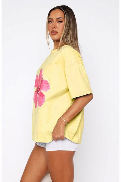 The Champ Clothing Tricou oversize galben pentru femei – Imprimat floral roz 100% bumbac, model confortabil de vară