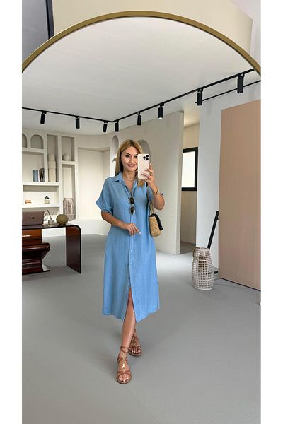 Sezgi Tekin Floor-Length Buttoned Ice Blue Denim Shirt Dress