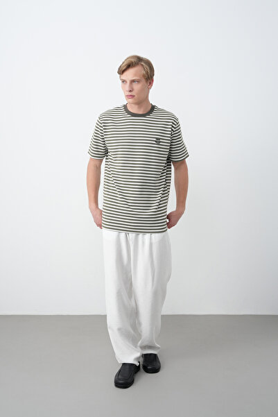 İLKCET MODA Ανδρικό μπλουζάκι με ρίγες χακί με κέντημα