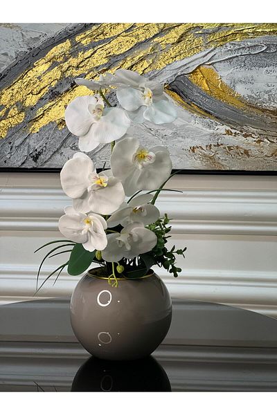 TASARIMHMODA Gray Glass Vase with Artificial Orchids