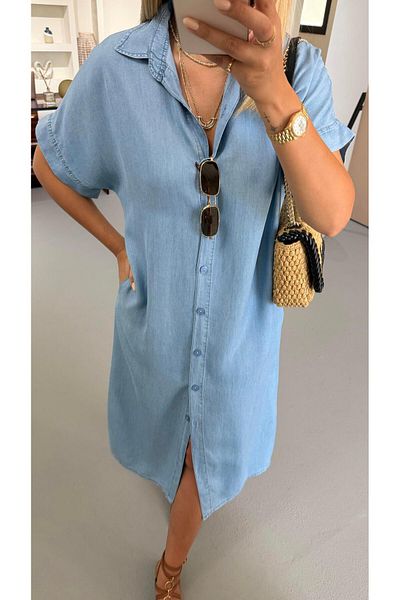 Sezgi Tekin Floor-Length Buttoned Ice Blue Denim Shirt Dress