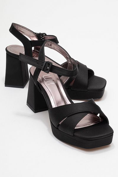 LuviShoes Lisbon Black Satin Cross Strap Women's Platform Heeled Shoes
