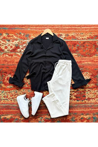 tiggirmoda Bürümcük Crinkle Fabric Summer Lycra Men's Shirt Pants Set