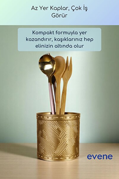 Evene Tezgah Üstü Kaşıklık Dekoratif Dik Kaşıklık Silindir Kaşıklık Altın Renk Model 82