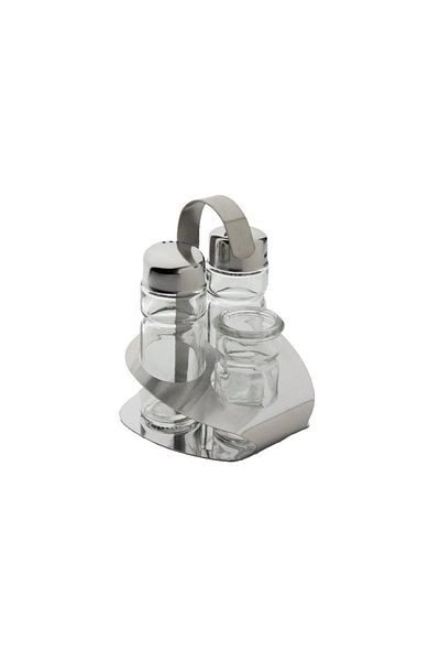 BASURRAH 4-Piece Glass Salt & Pepper Shaker Set with Steel Stand – Elegant Spice Dispenser for Table