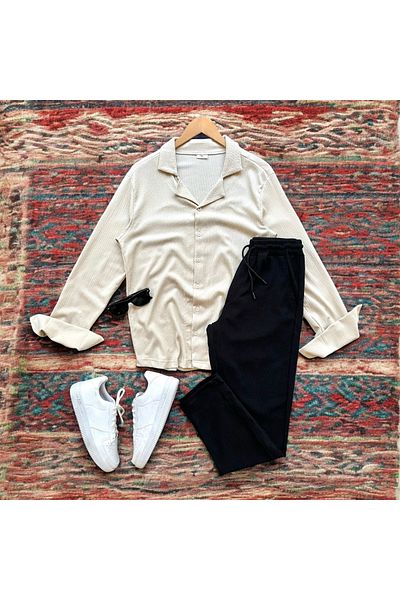 tiggirmoda Bürümcük Crinkle Fabric Summer Lycra Men's Shirt Pants Set