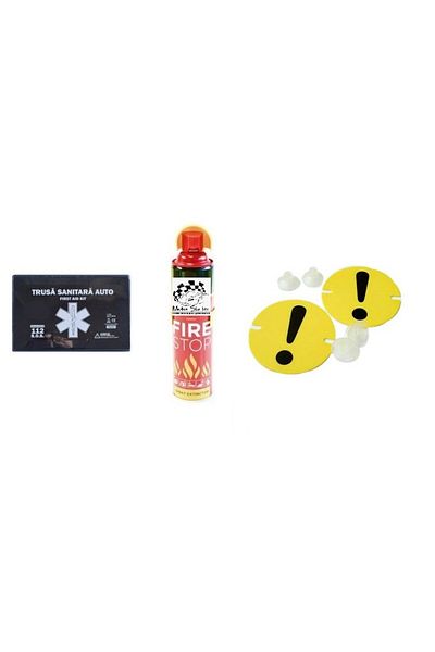 ideal STORE Kit siguranta rutiera Motor Starter 5 ani valabilitate, Trusa medicala auto prim ajutor + Stingator
