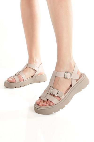 Modabuymus Loriza Stone Color Genuine Leather Sandals Thick Sole Women's Shoes