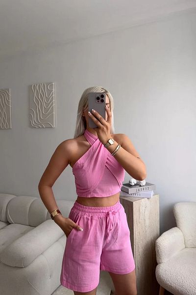 MOZENA Cross Tie Detailed Crop and Shorts Double Muslin Set