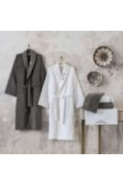 Cotton Box Set matrimonial 2 halate de baie si 4 prosoape, bumbac 100%, Cotton Box, Genny Alb/Gri