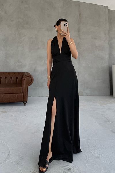 Seda Yalçın Atelier Sera Neck Tie Back Low-Cut Slit Black Dress