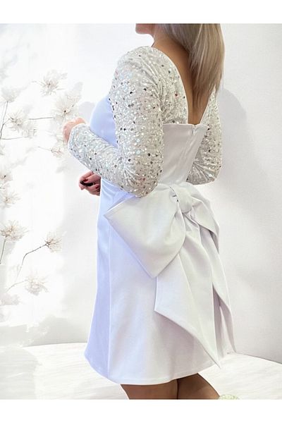 OEM White Taffeta Long Sleeve Sequin Dress with Detachable Bow – White Grace Couture