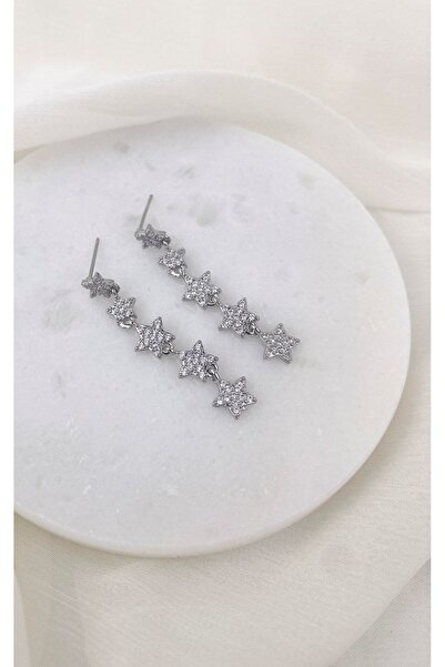 Sacha Accessories Star Row Zircon Stone Silver Earrings
