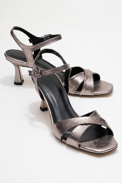 LuviShoes Melin Platinum Patterned Cross Strap Women's Heeled Shoes