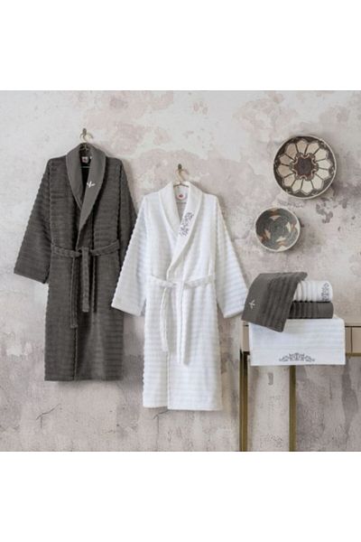 Cotton Box Set matrimonial 2 halate de baie si 4 prosoape, bumbac 100%, Cotton Box, Genny Alb/Gri