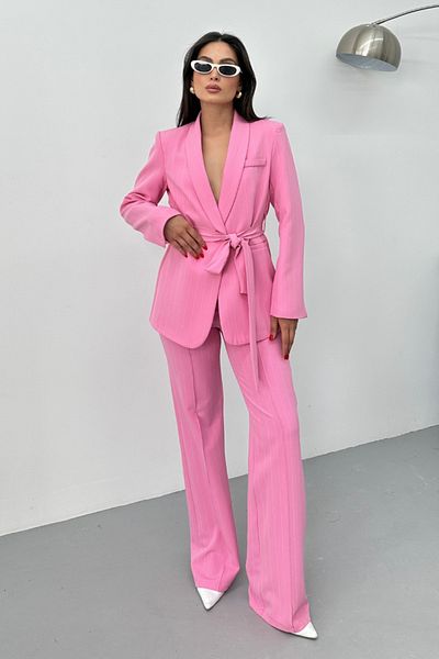 spirituel Women's Double Set Striped Belted Blazer Jacket Pants Set