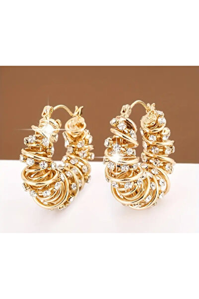 LİLİBETH BİJOU Işıltılı Altın Kaplama Spiral Taşlı Halka Küpe