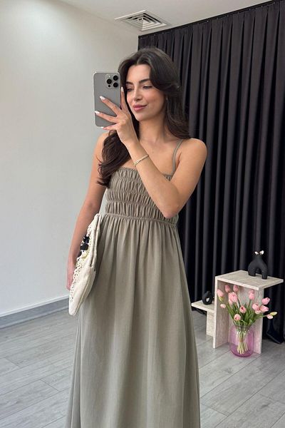 ECEMİ Besy Khaki Rubber Detail Basic Dress