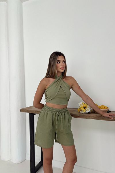 MOZENA Muslin Fabric Cross Tie Detailed Crop and Shorts Two-Piece Set