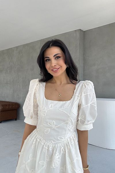 Seda Yalçın Atelier Beige Balloon Sleeve Embroidery Detailed Brode Dress