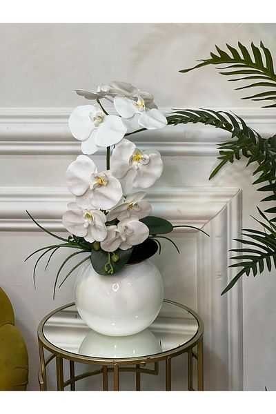 TASARIMHMODA White Glass Vase with Artificial Orchids