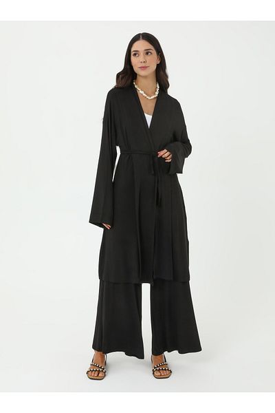 Benin Viscose Fabric Long Kimono & Trousers Knitted Set - Black - Benin