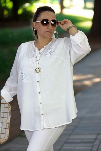 yagmurberen Front Button Embroidered Flower Pattern Judge Collar Folding Sleeve Flaming Linen Large Size Shirt