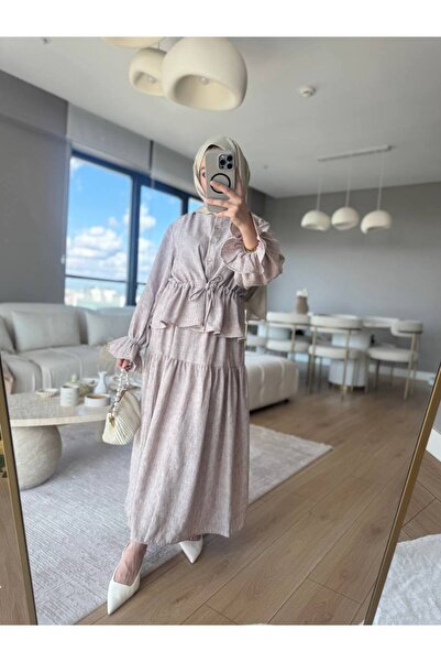 Esre Store 3501 - طقم حجاب من قماش الكتان بيج