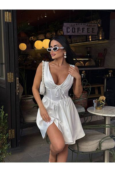 SEVENLINE Γυναικείο κοντό φόρεμα με λεπτομέρεια από σατέν ύφασμα