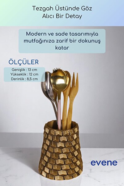 Evene Tezgah Üstü Kaşıklık Dekoratif Dik Kaşıklık Silindir Kaşıklık Altın Eskitme Renk Model 84