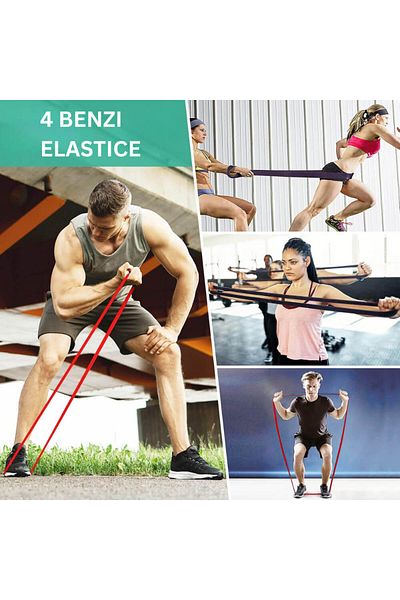 GYMEX Set 4 benzi elastice pentru fitness si antrenamente sala, activeaza grupe musculare variate