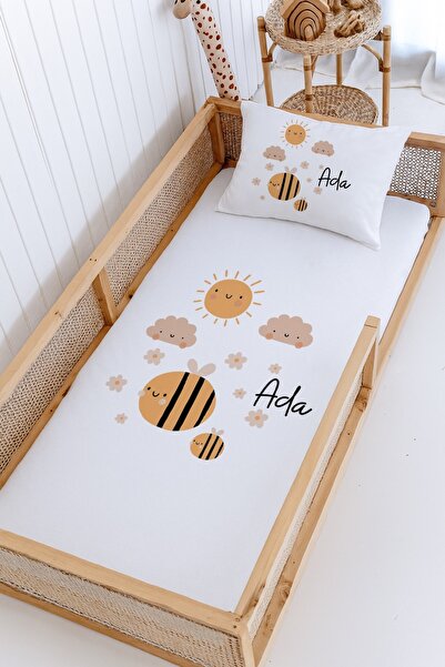 Lilabio %100 Pamuk İsme Özel Montessori Yatak Pike Seti 100x200 Bal Arısı