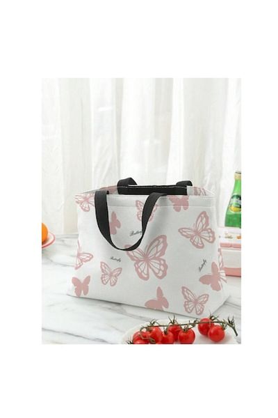 The Casius. Portable Lunch Bag from Polyester for School, Office, Travel, Butterfly and Letters Design, White an