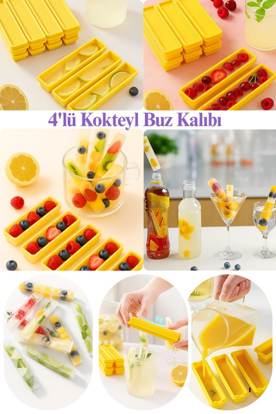 AYGÖREN HOME 4'lü Dikdörtgen Silikon Buz Kalıbı 4'lü Silikon French Fries Buz...