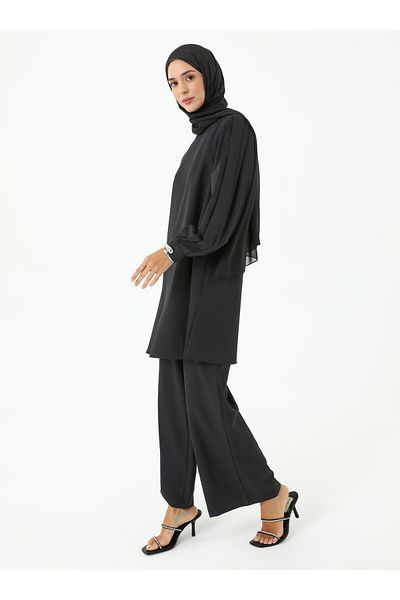 Refka Pili Detailed Crepe Tunic Trousers Double Set - Black - Refka