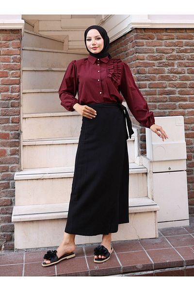 VAV Left Shoulder Ruffle Shirt - Burgundy - Vav