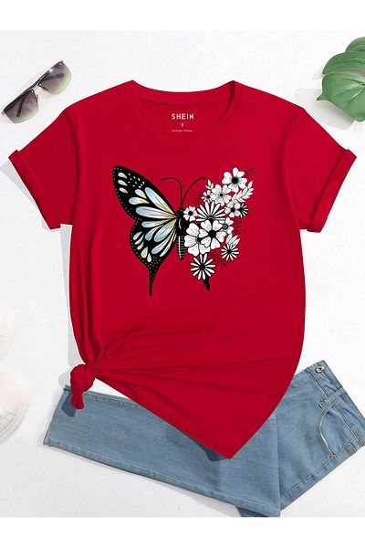 PENTHİLUS Butterfly and Flower Print Short Sleeve Round Neck T-Shirt