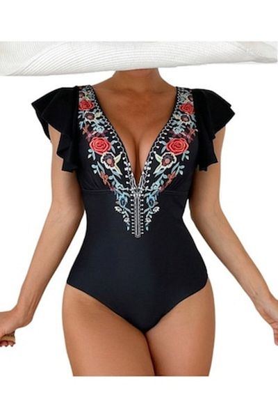 The Casius. Women's One-Piece Swimsuit, Ethnic Design, Size L, Black - The Casius