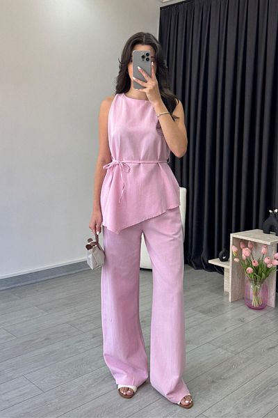 ECEMİ Tana Pink Asymmetrical Blouse Trousers Set